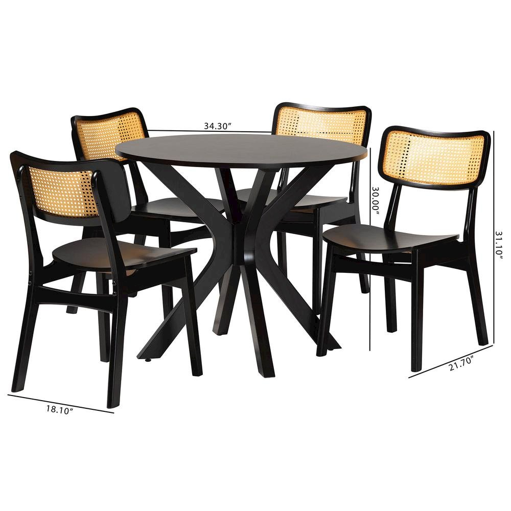 Linnet Mid-Century Modern Dark Brown Finished Wood and Rattan 5-Piece Dining Set. Picture 20