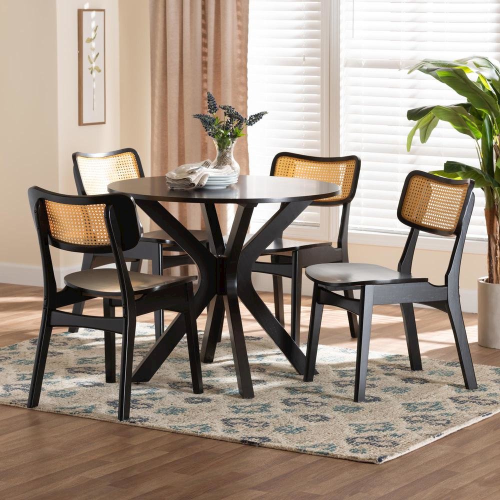 Linnet Mid-Century Modern Dark Brown Finished Wood and Rattan 5-Piece Dining Set. Picture 18