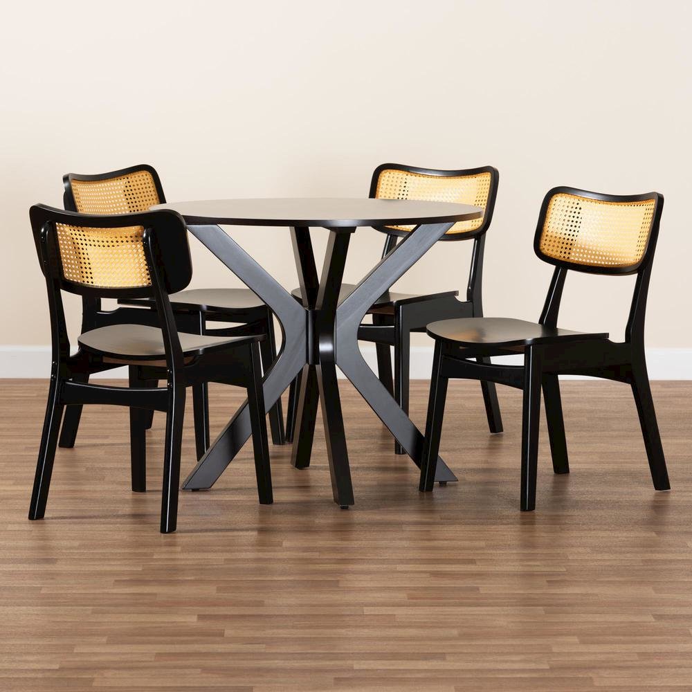 Linnet Mid-Century Modern Dark Brown Finished Wood and Rattan 5-Piece Dining Set. Picture 19