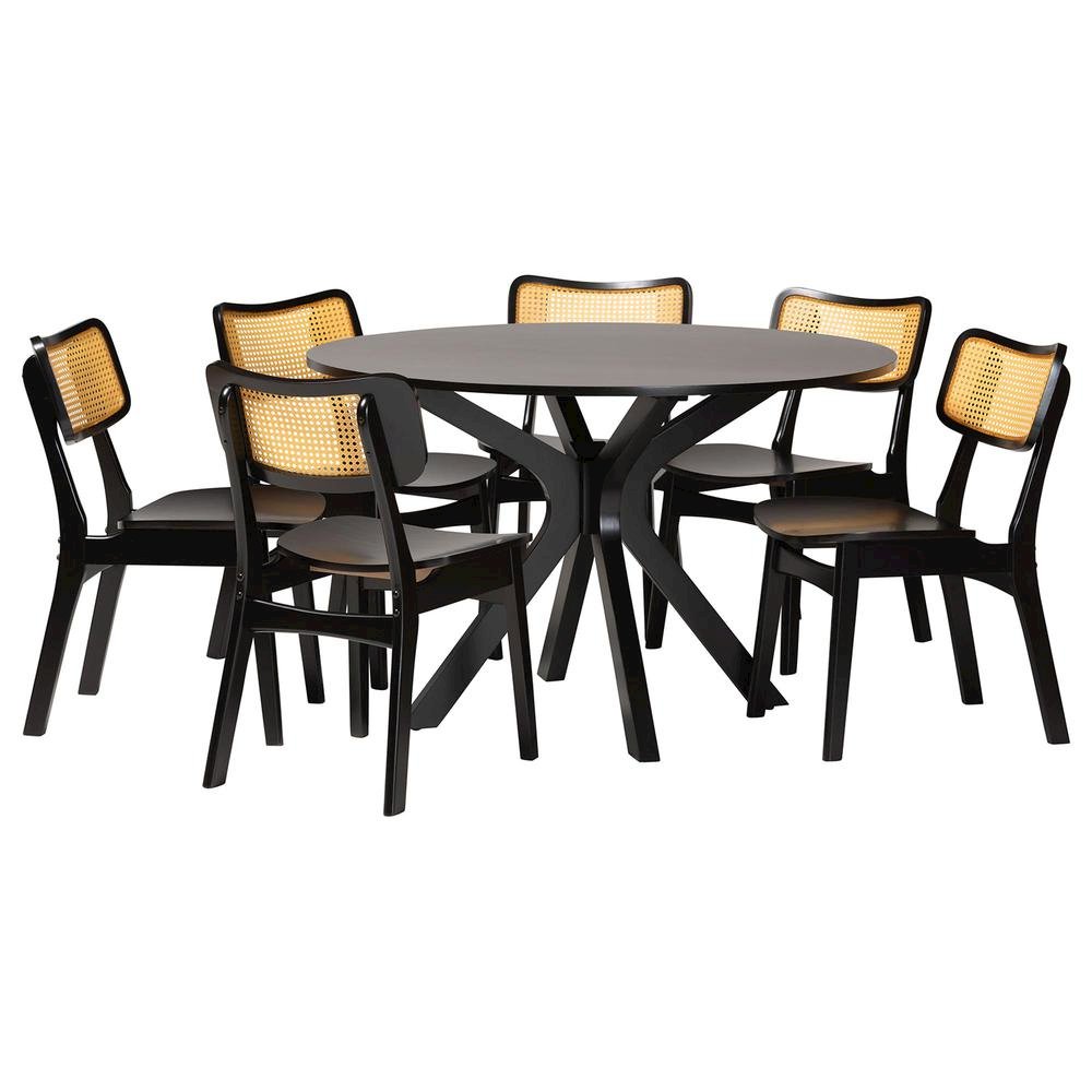 Linnet Mid-Century Modern Dark Brown Finished Wood and Rattan 7-Piece Dining Set. Picture 11