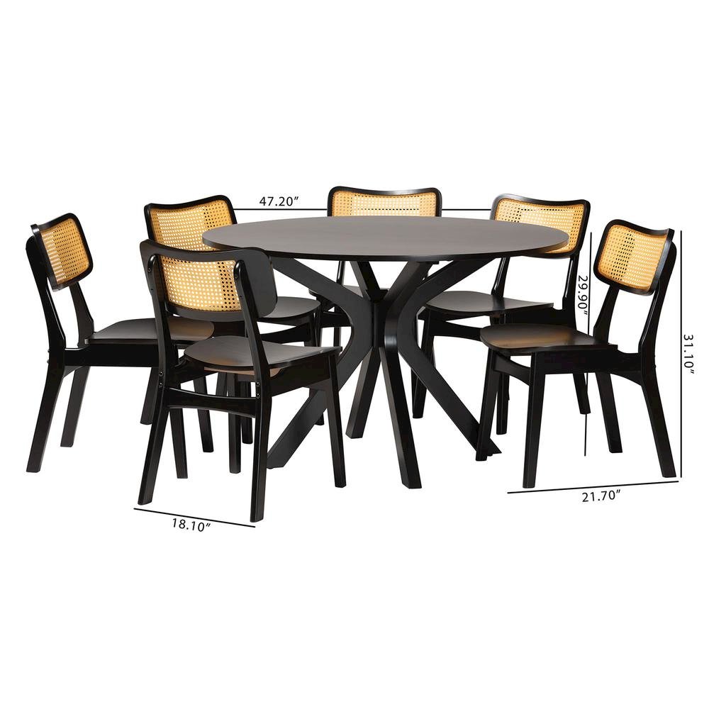 Linnet Mid-Century Modern Dark Brown Finished Wood and Rattan 7-Piece Dining Set. Picture 20