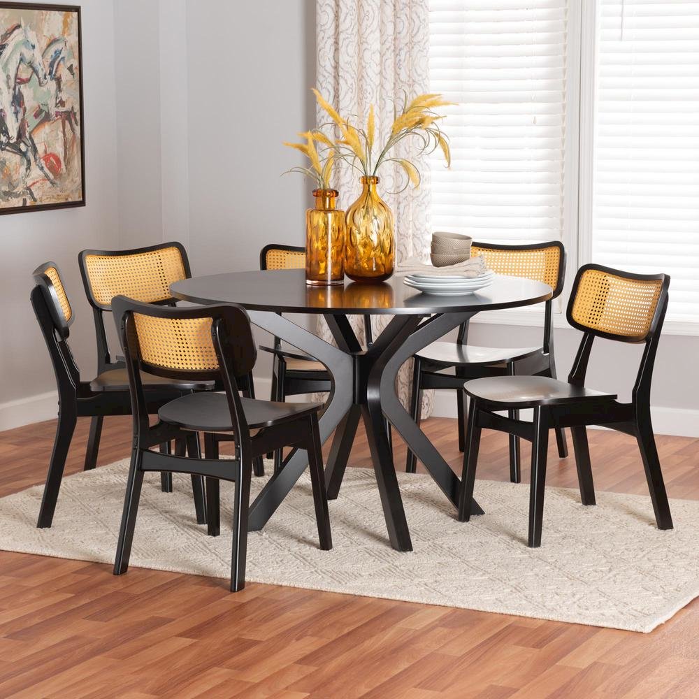 Linnet Mid-Century Modern Dark Brown Finished Wood and Rattan 7-Piece Dining Set. Picture 18