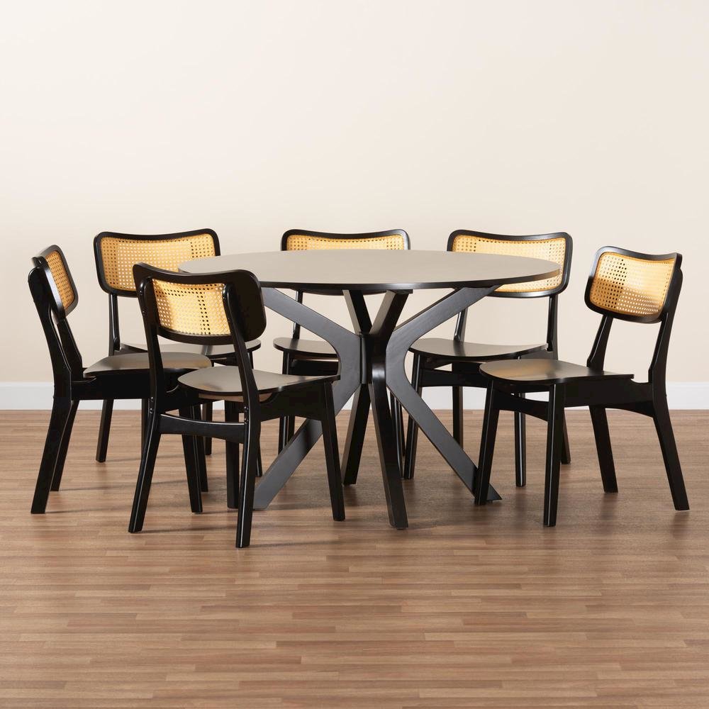 Linnet Mid-Century Modern Dark Brown Finished Wood and Rattan 7-Piece Dining Set. Picture 19