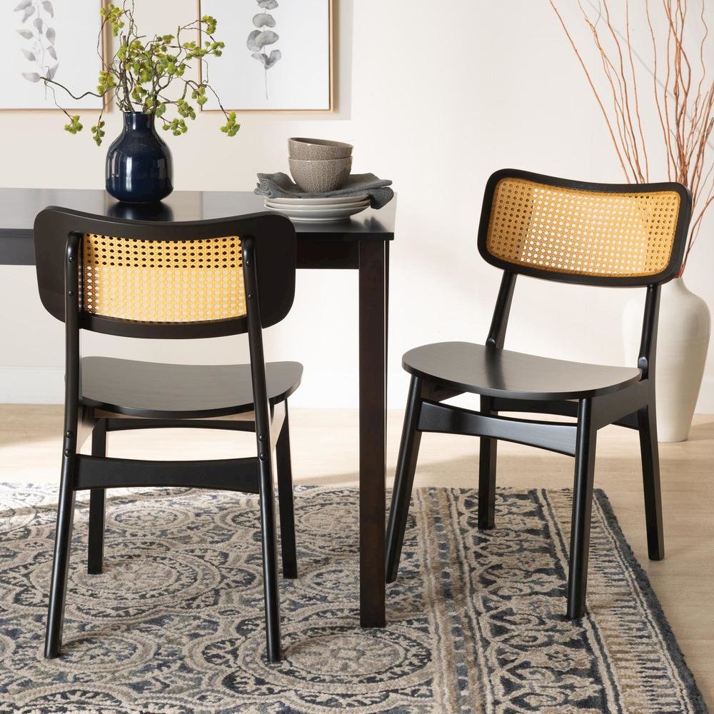 Dark Brown Finished Wood and Rattan 2-Piece Dining Chair Set. Picture 16