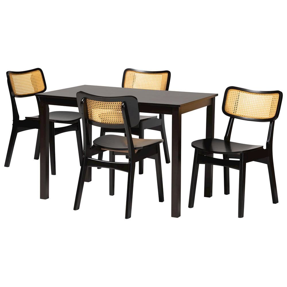Estera Mid-Century Modern Dark Brown Finished Wood and Rattan 5-Piece Dining Set. Picture 11