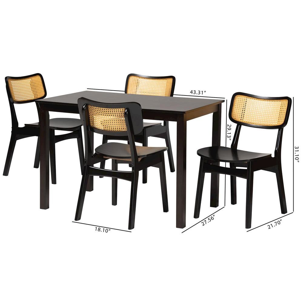 Estera Mid-Century Modern Dark Brown Finished Wood and Rattan 5-Piece Dining Set. Picture 20