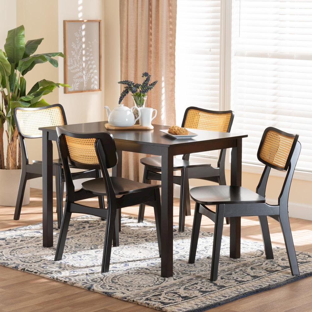 Estera Mid-Century Modern Dark Brown Finished Wood and Rattan 5-Piece Dining Set. Picture 18