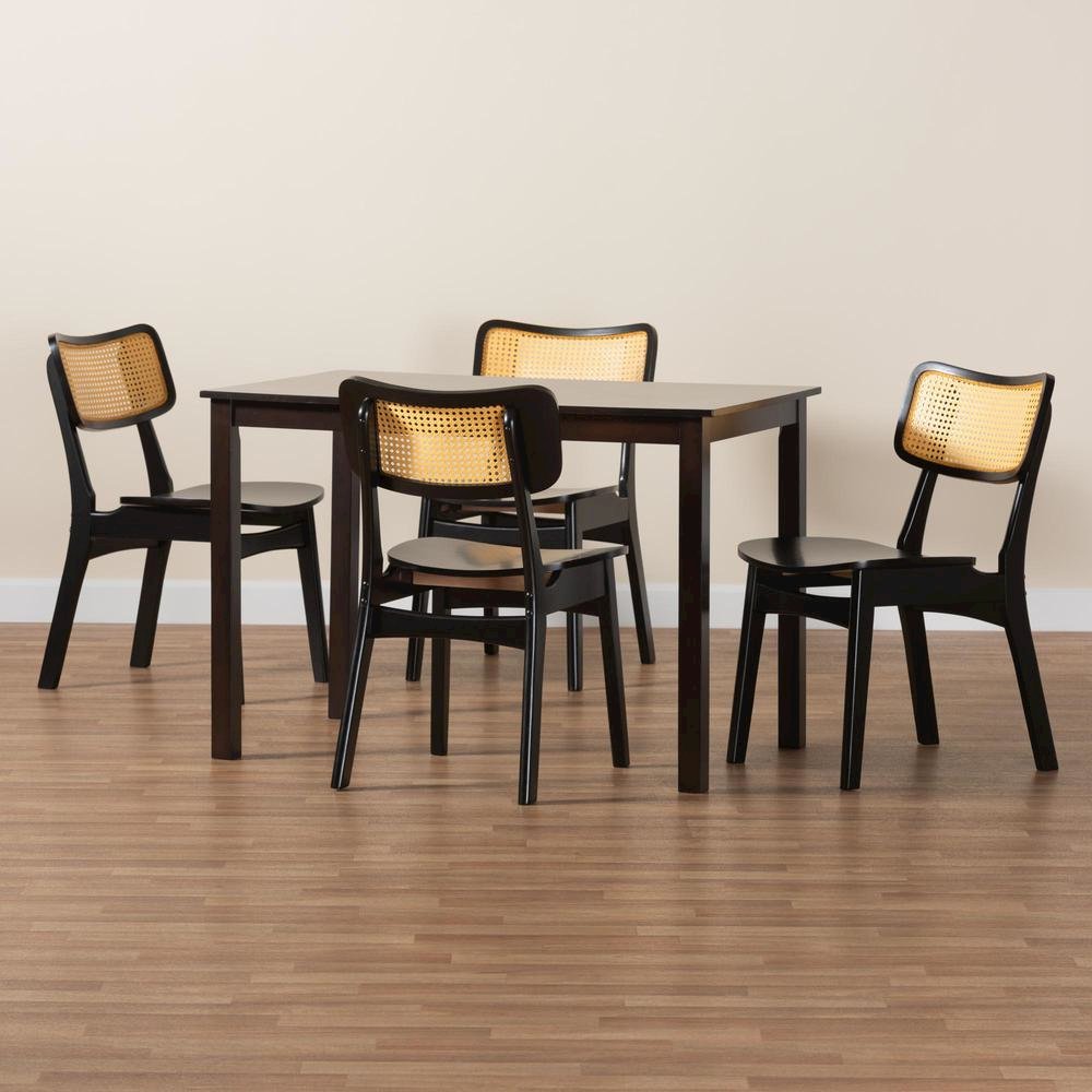 Estera Mid-Century Modern Dark Brown Finished Wood and Rattan 5-Piece Dining Set. Picture 19