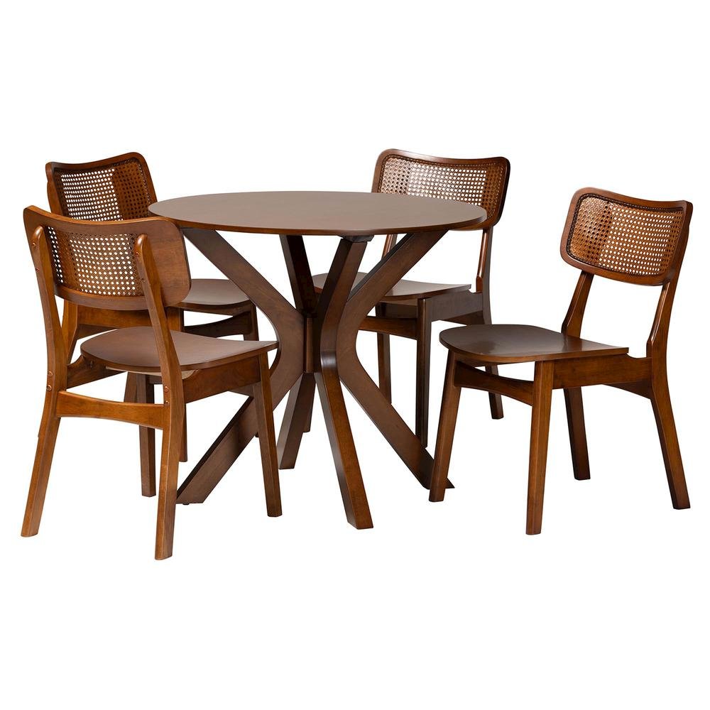 Walnut Brown Finished Wood and Rattan 5-Piece Dining Set. Picture 11