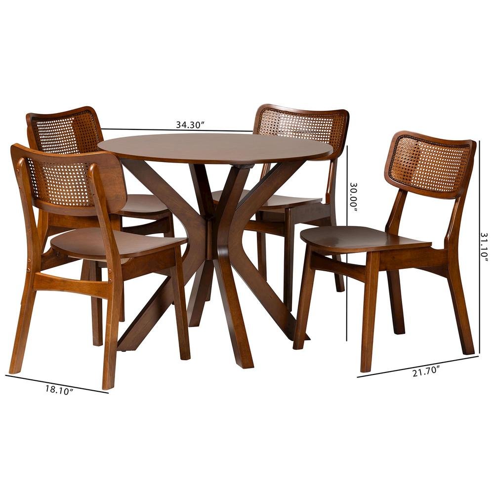 Walnut Brown Finished Wood and Rattan 5-Piece Dining Set. Picture 20