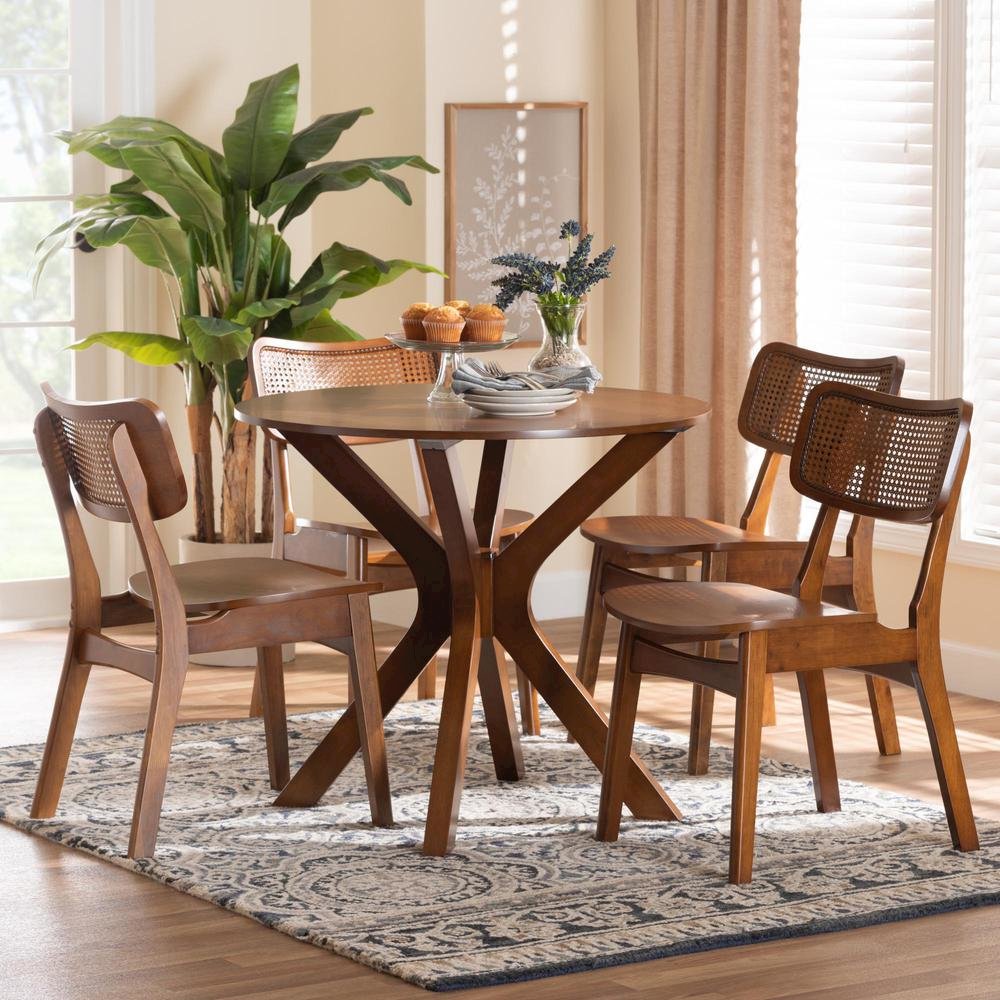 Walnut Brown Finished Wood and Rattan 5-Piece Dining Set. Picture 18