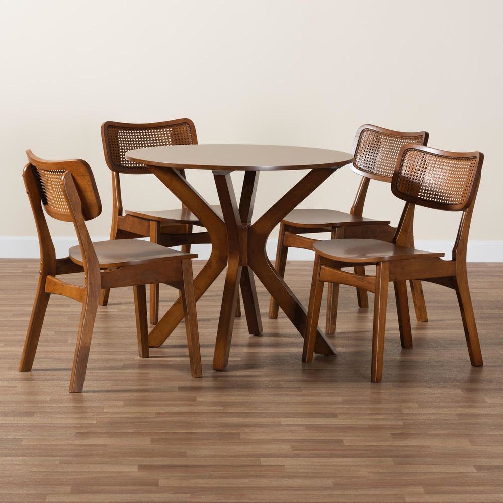 Walnut Brown Finished Wood and Rattan 5-Piece Dining Set. Picture 19