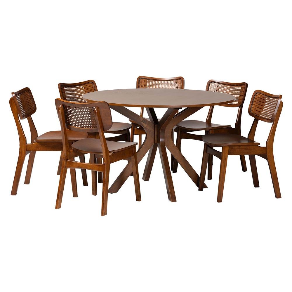 Walnut Brown Finished Wood and Rattan 7-Piece Dining Set. Picture 11