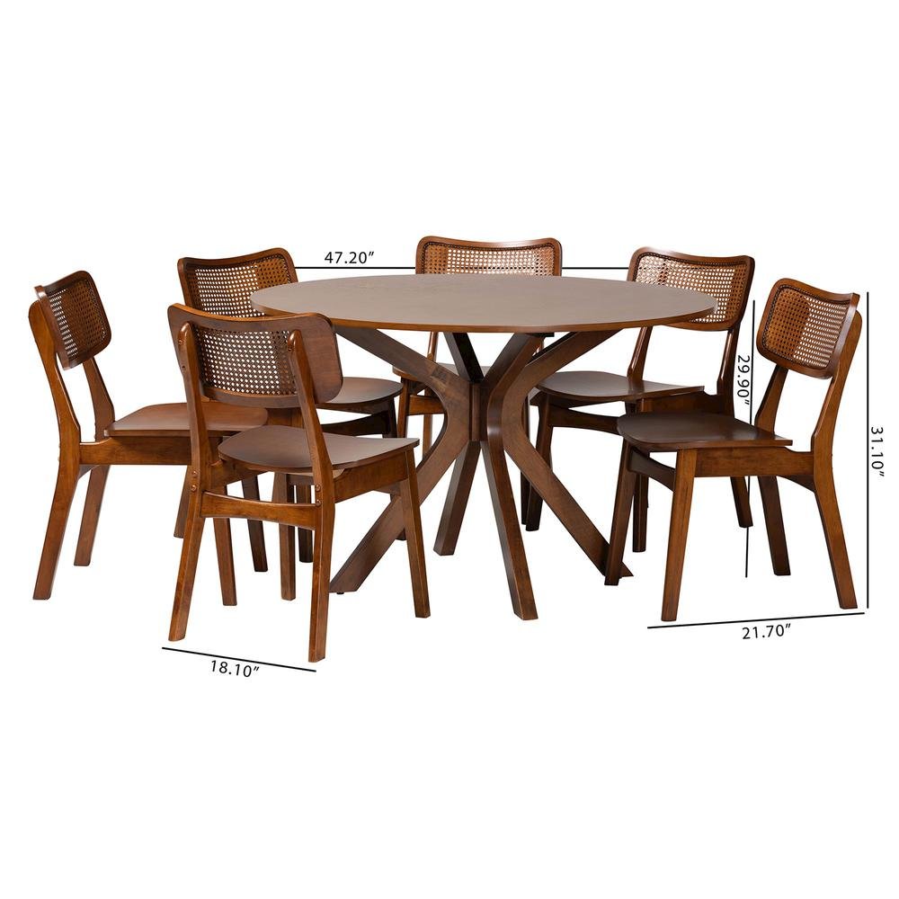 Walnut Brown Finished Wood and Rattan 7-Piece Dining Set. Picture 20