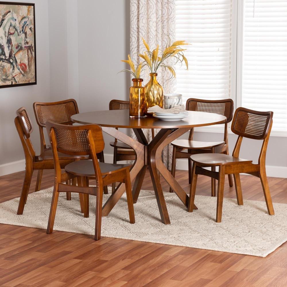 Walnut Brown Finished Wood and Rattan 7-Piece Dining Set. Picture 18