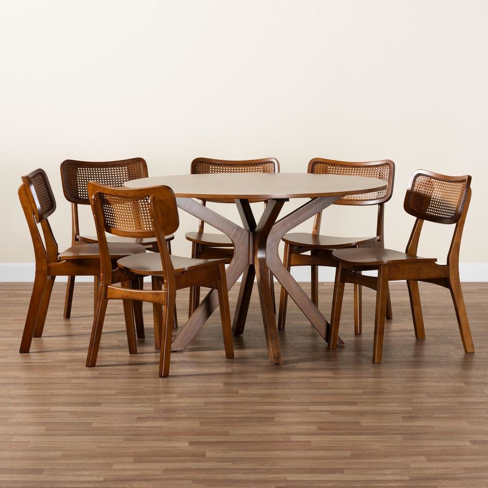 Walnut Brown Finished Wood and Rattan 7-Piece Dining Set. Picture 19