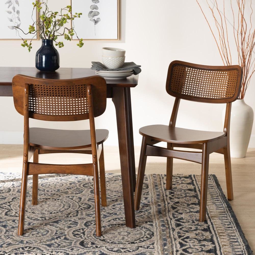 Walnut Brown Finished Wood and Rattan 2-Piece Dining Chair Set. Picture 16