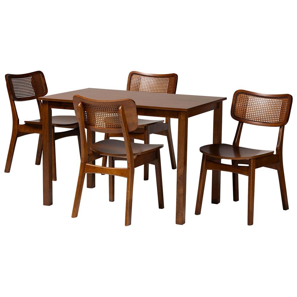 Walnut Brown Finished Wood and Rattan 5-Piece Dining Set. Picture 11