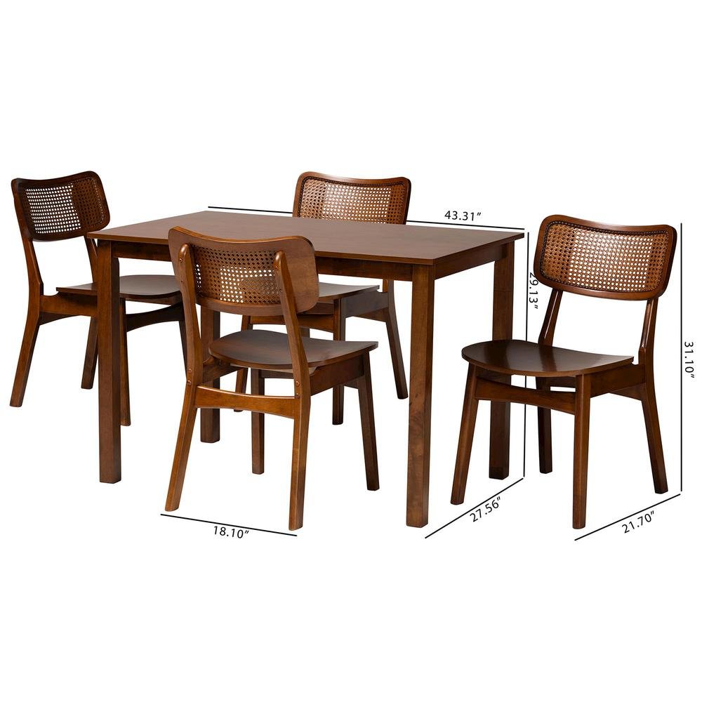Walnut Brown Finished Wood and Rattan 5-Piece Dining Set. Picture 20