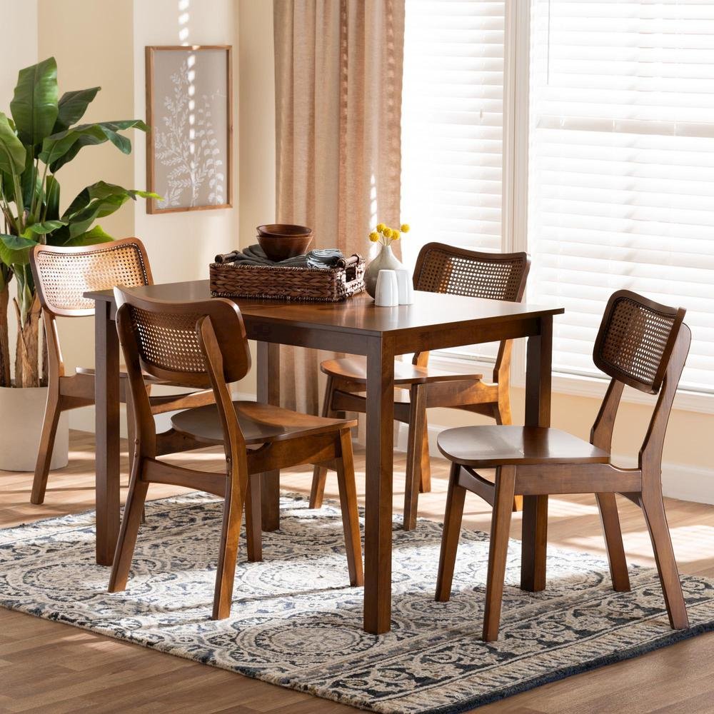 Walnut Brown Finished Wood and Rattan 5-Piece Dining Set. Picture 18