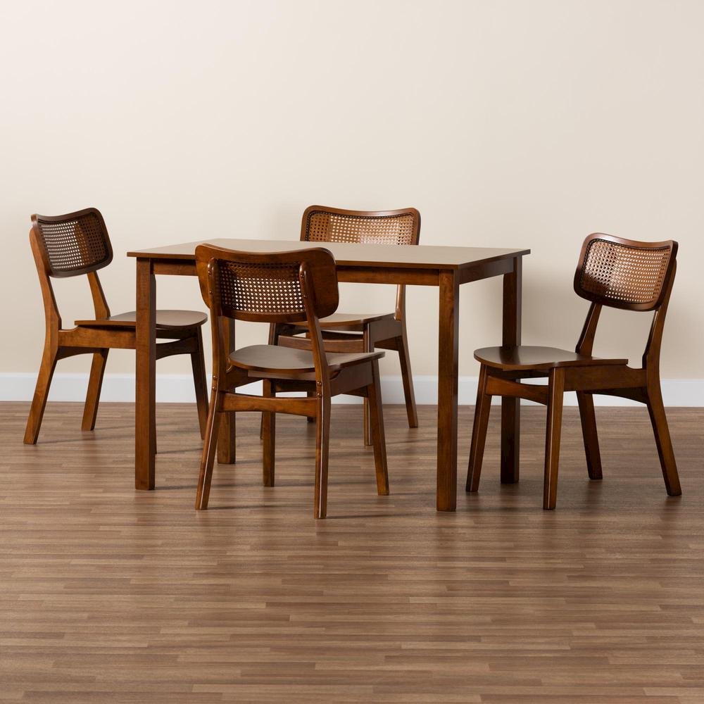 Walnut Brown Finished Wood and Rattan 5-Piece Dining Set. Picture 19