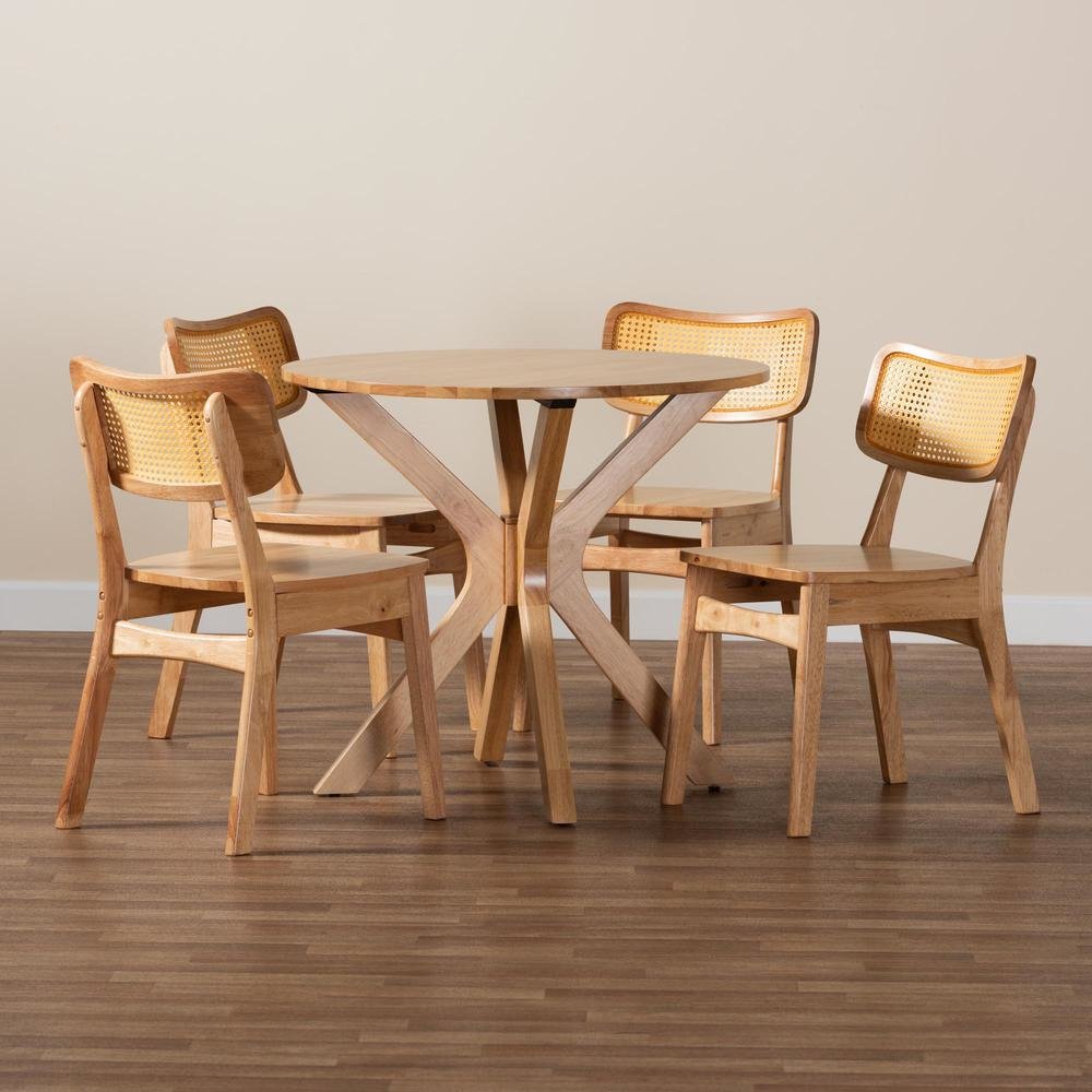 Camilo Mid-Century Modern Oak Brown Finished Wood and Rattan 5-Piece Dining Set. Picture 19