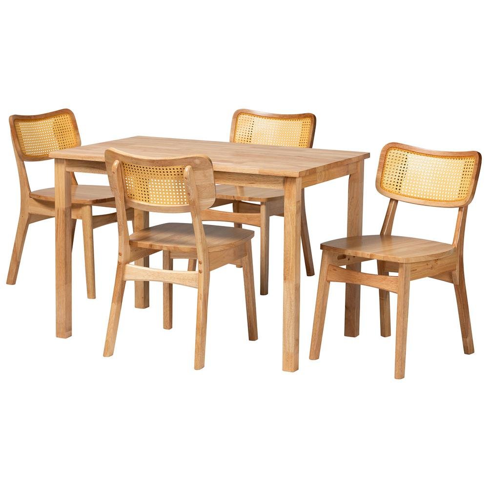 Dulcet Mid-Century Modern Oak Brown Finished Wood and Rattan 5-Piece Dining Set. Picture 11