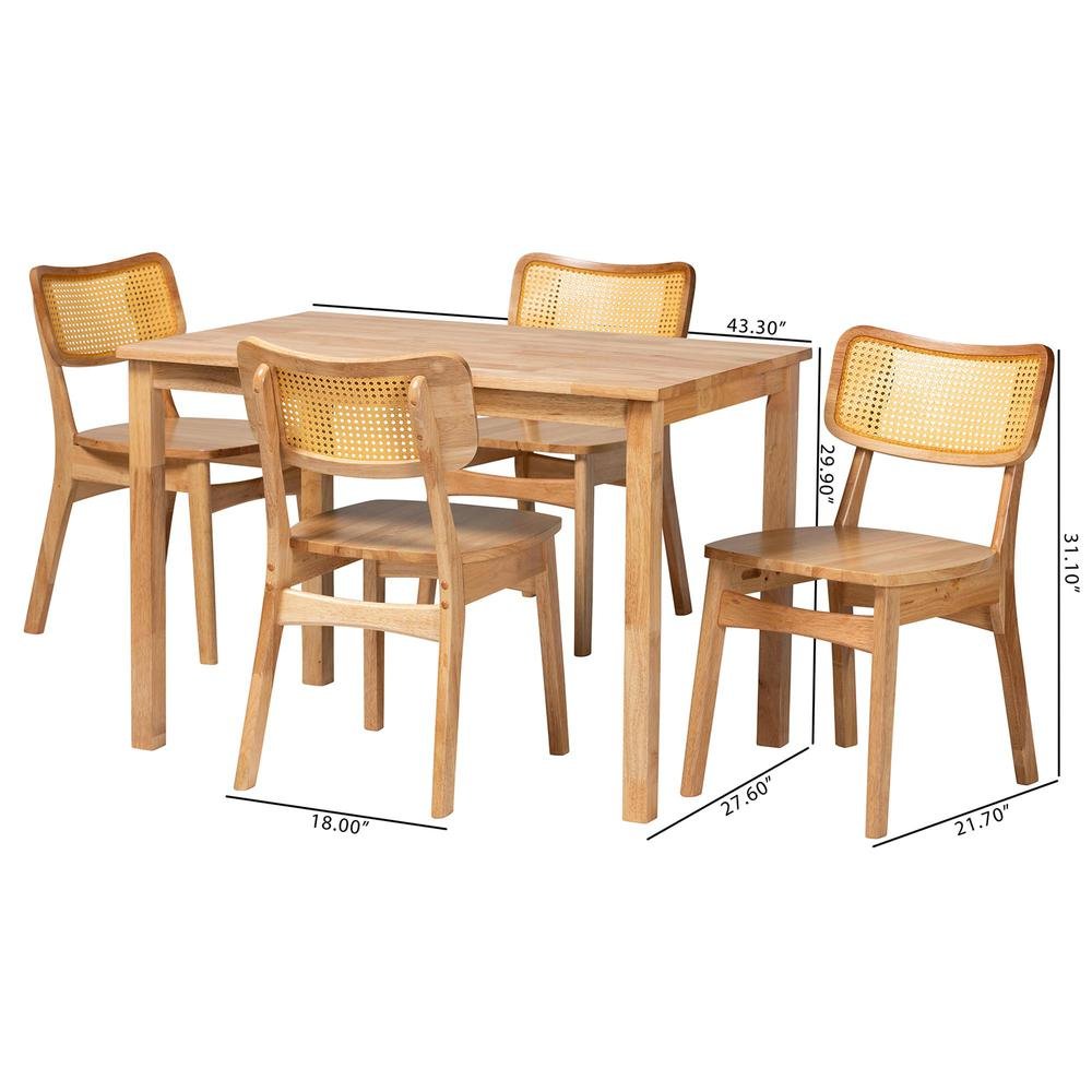 Dulcet Mid-Century Modern Oak Brown Finished Wood and Rattan 5-Piece Dining Set. Picture 20