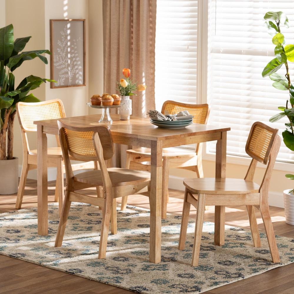 Dulcet Mid-Century Modern Oak Brown Finished Wood and Rattan 5-Piece Dining Set. Picture 18