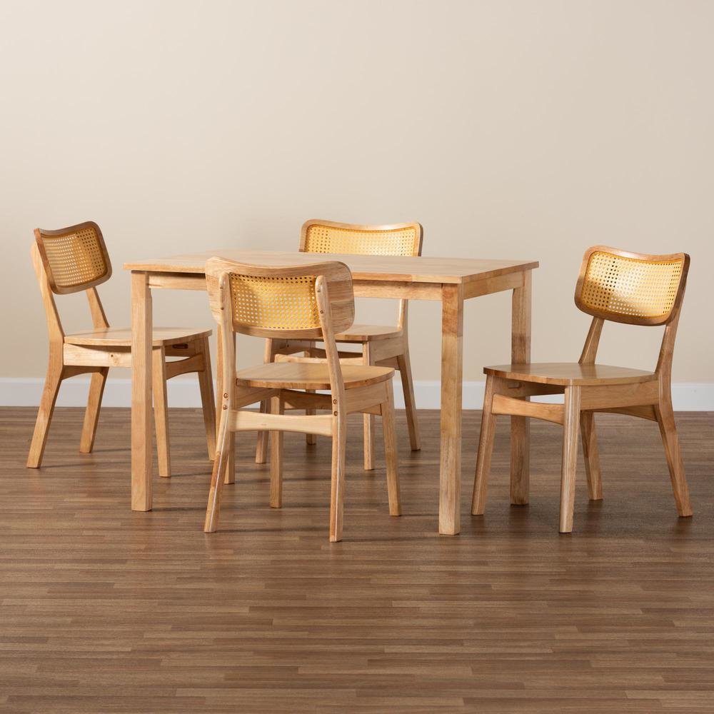 Dulcet Mid-Century Modern Oak Brown Finished Wood and Rattan 5-Piece Dining Set. Picture 19