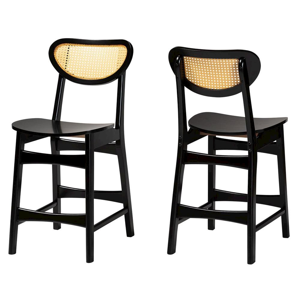 Dark Brown Finished Wood and Rattan 2-Piece Counter Stool Set. Picture 10