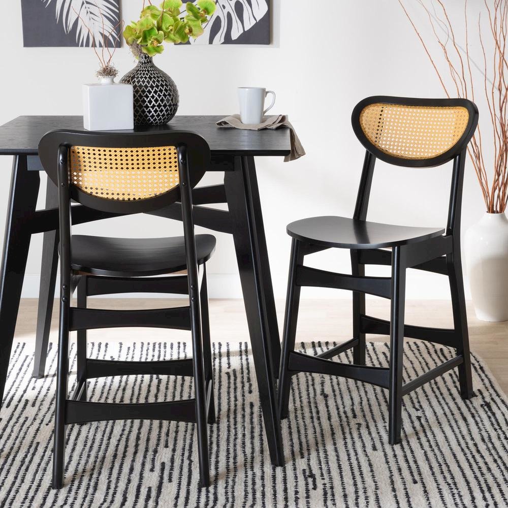 Dark Brown Finished Wood and Rattan 2-Piece Counter Stool Set. Picture 16