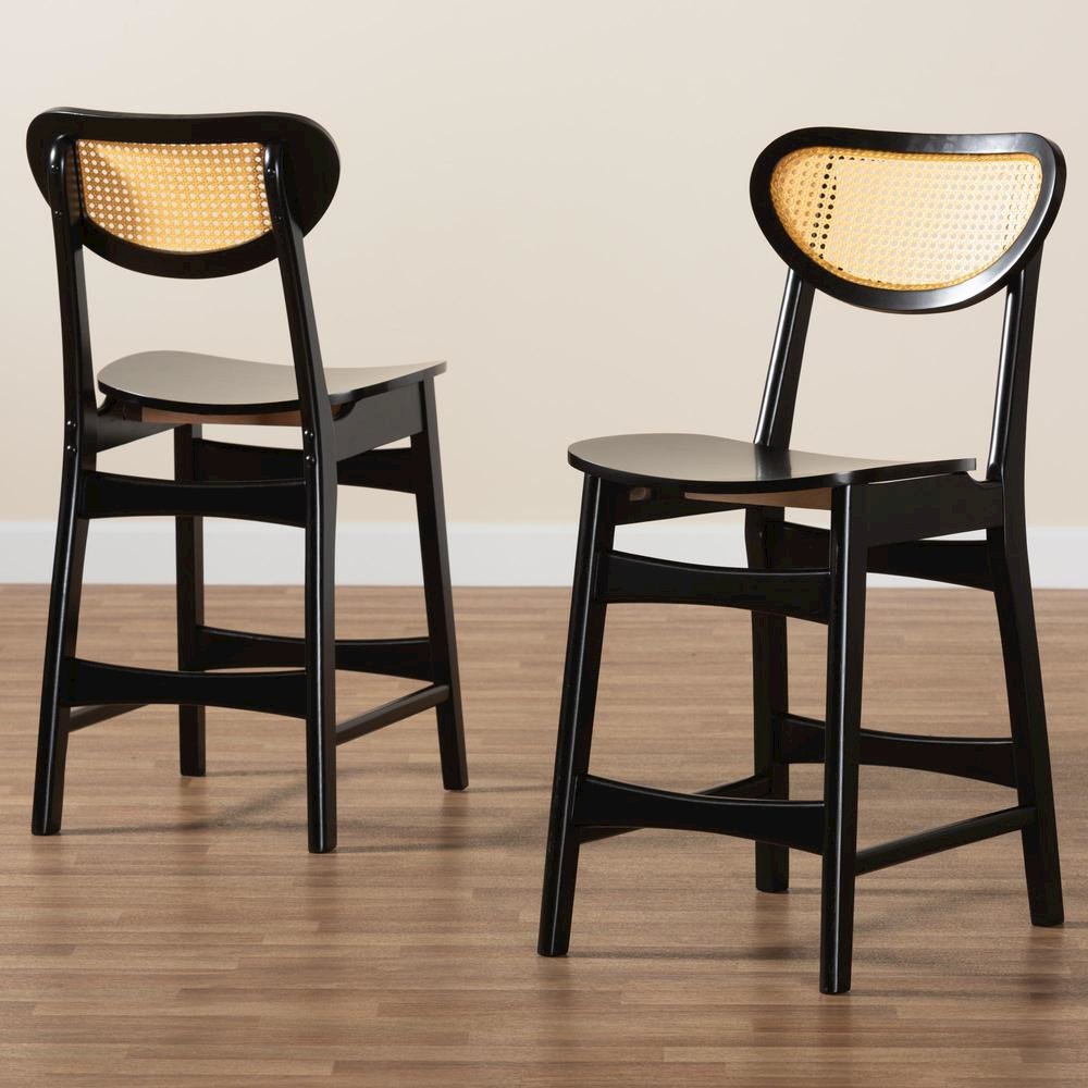 Dark Brown Finished Wood and Rattan 2-Piece Counter Stool Set. Picture 17