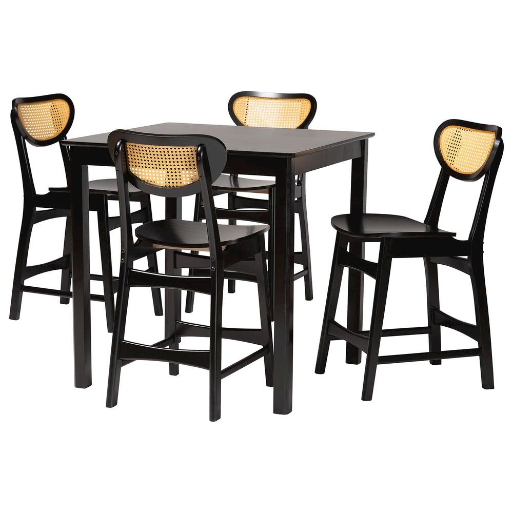 Hesper Mid-Century Modern Dark Brown Finished Wood and Rattan 5-Piece Pub Set. Picture 11