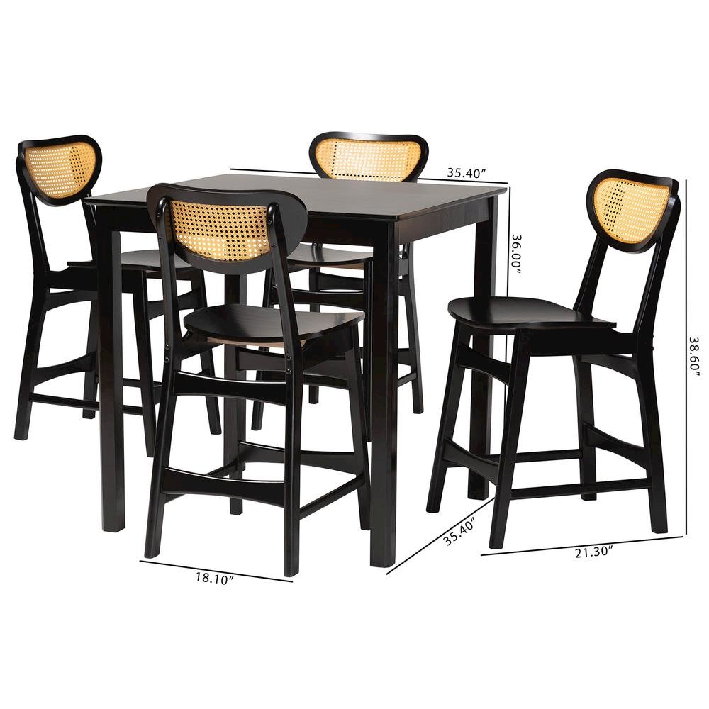 Hesper Mid-Century Modern Dark Brown Finished Wood and Rattan 5-Piece Pub Set. Picture 20