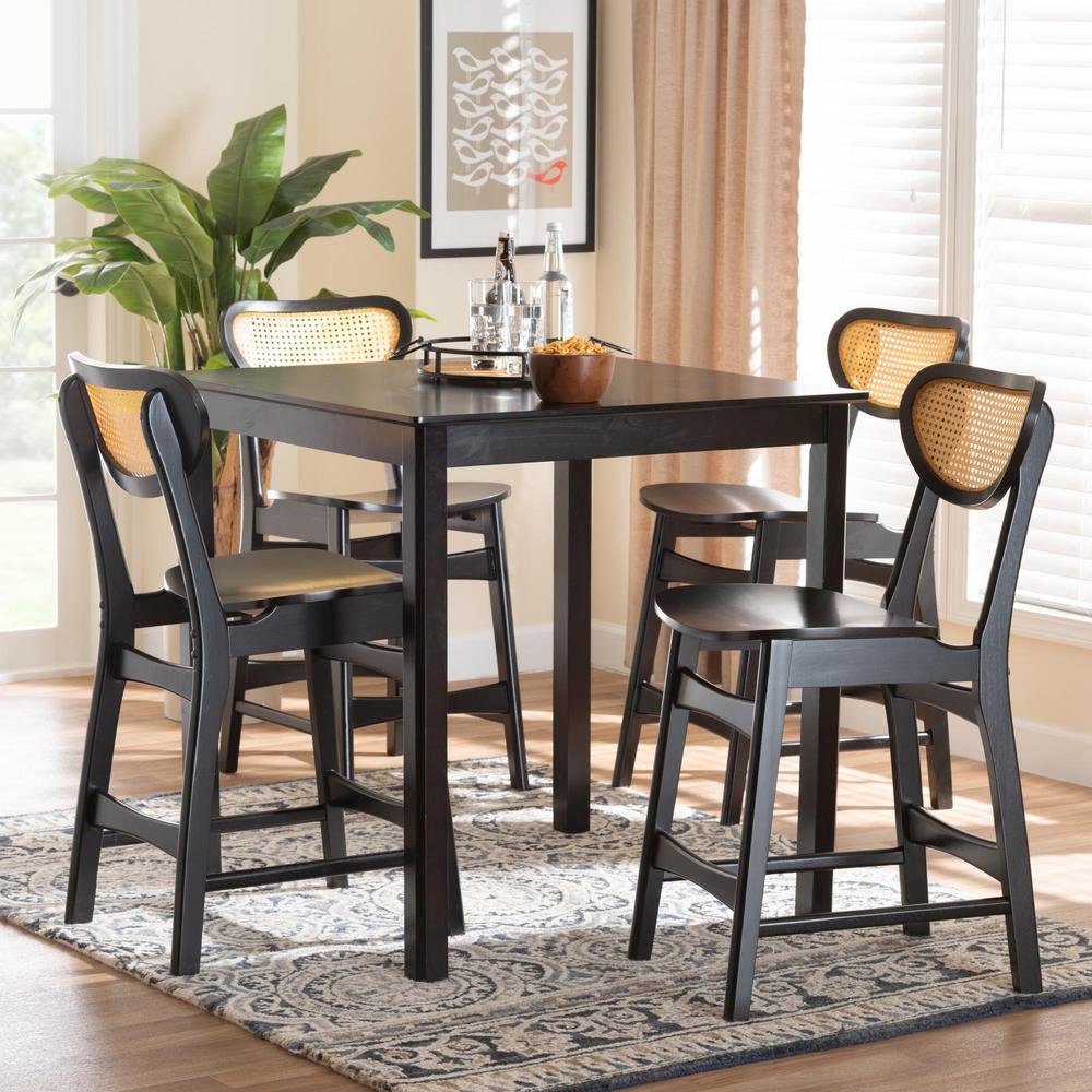 Hesper Mid-Century Modern Dark Brown Finished Wood and Rattan 5-Piece Pub Set. Picture 18