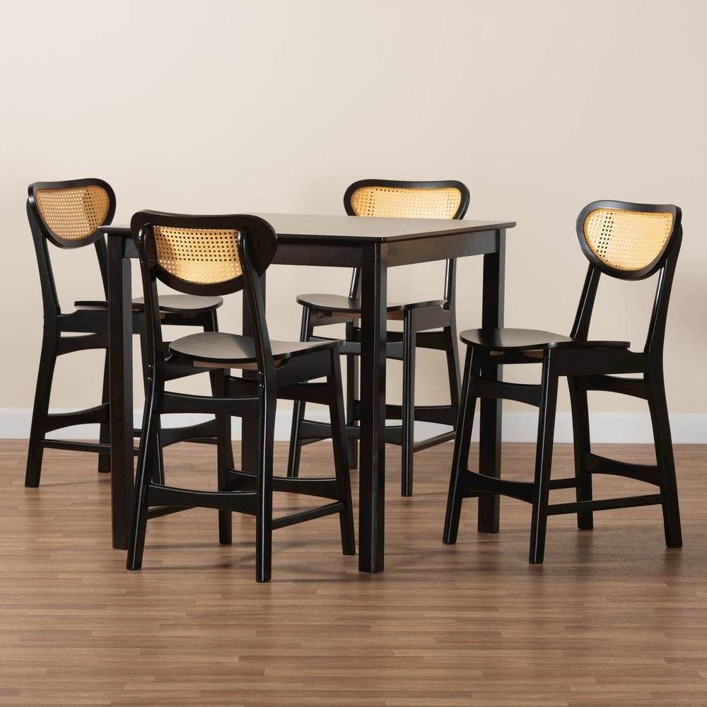 Hesper Mid-Century Modern Dark Brown Finished Wood and Rattan 5-Piece Pub Set. Picture 19