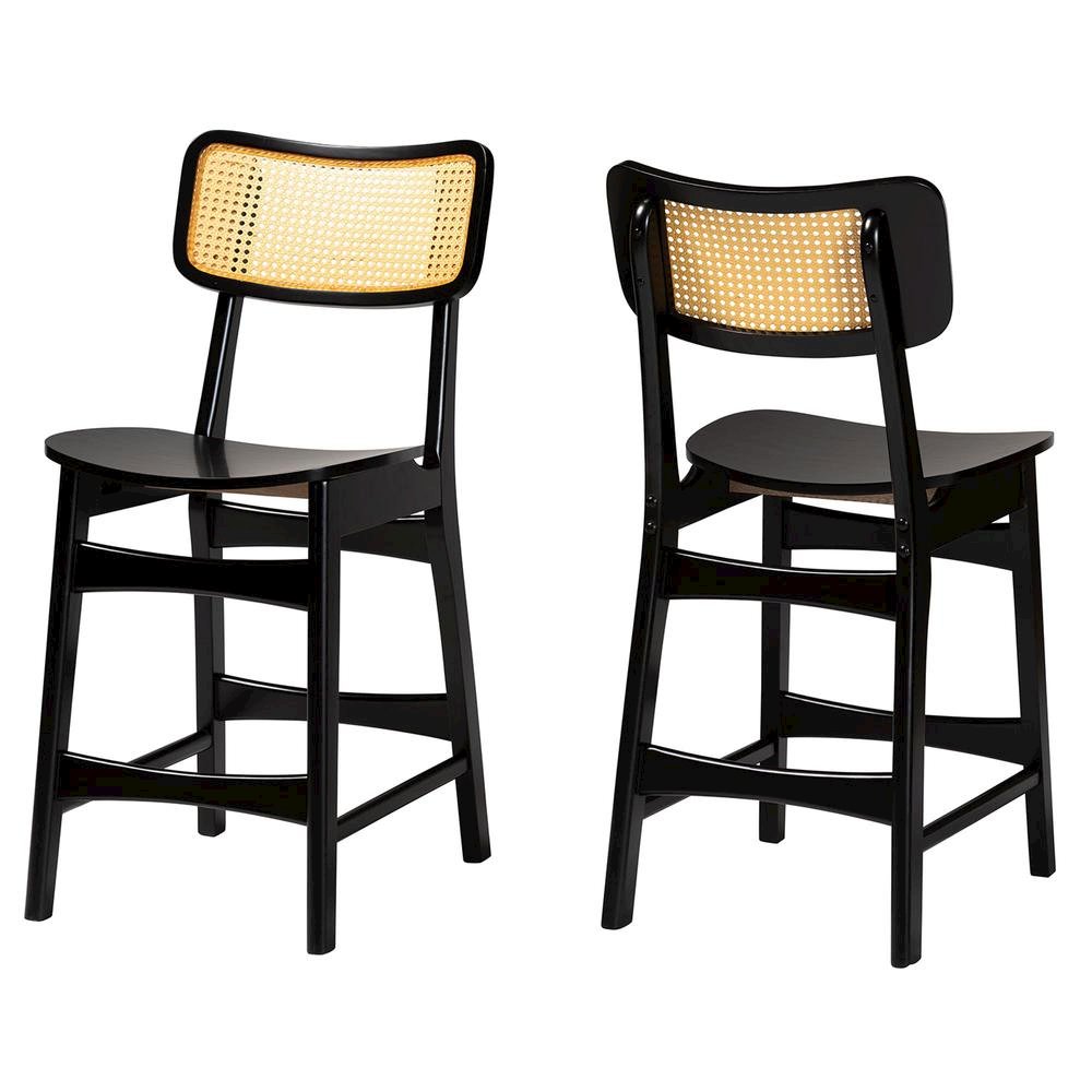 Dark Brown Finished Wood and Rattan 2-Piece Counter Stool Set. Picture 10