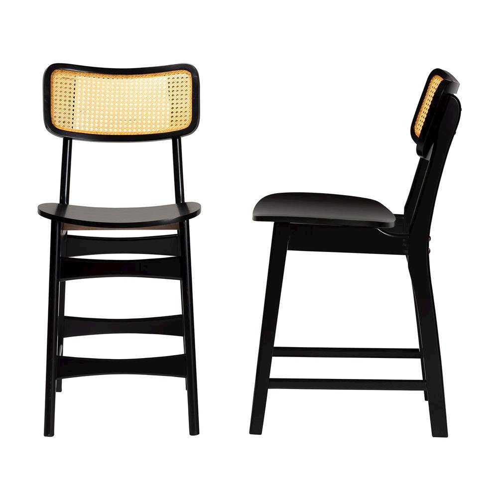 Dark Brown Finished Wood and Rattan 2-Piece Counter Stool Set. Picture 12