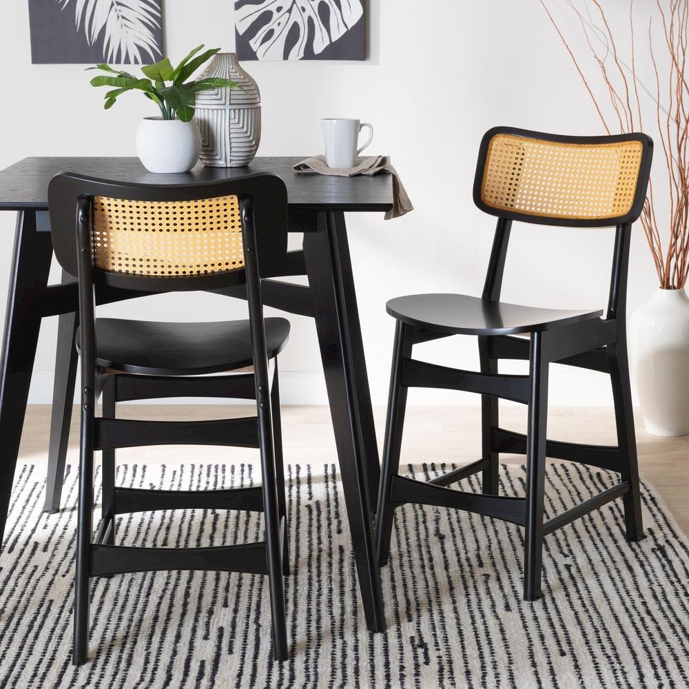 Dark Brown Finished Wood and Rattan 2-Piece Counter Stool Set. Picture 16