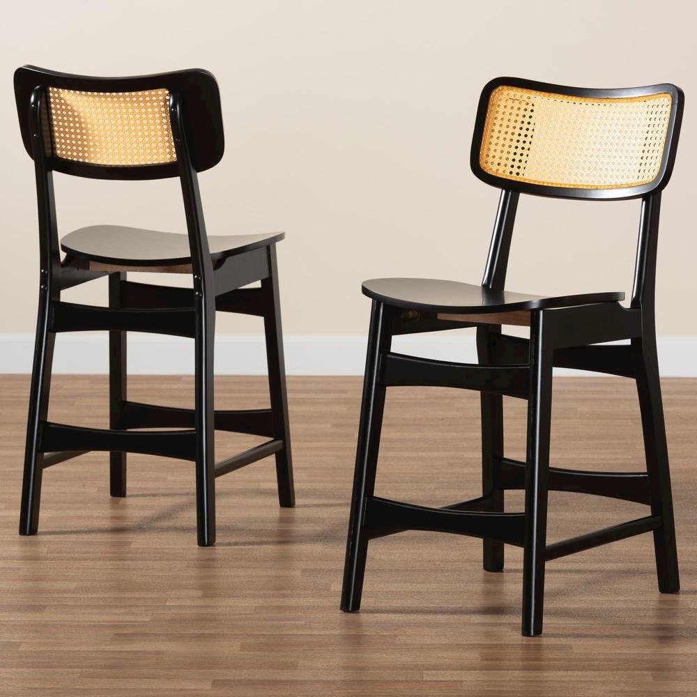 Dark Brown Finished Wood and Rattan 2-Piece Counter Stool Set. Picture 17