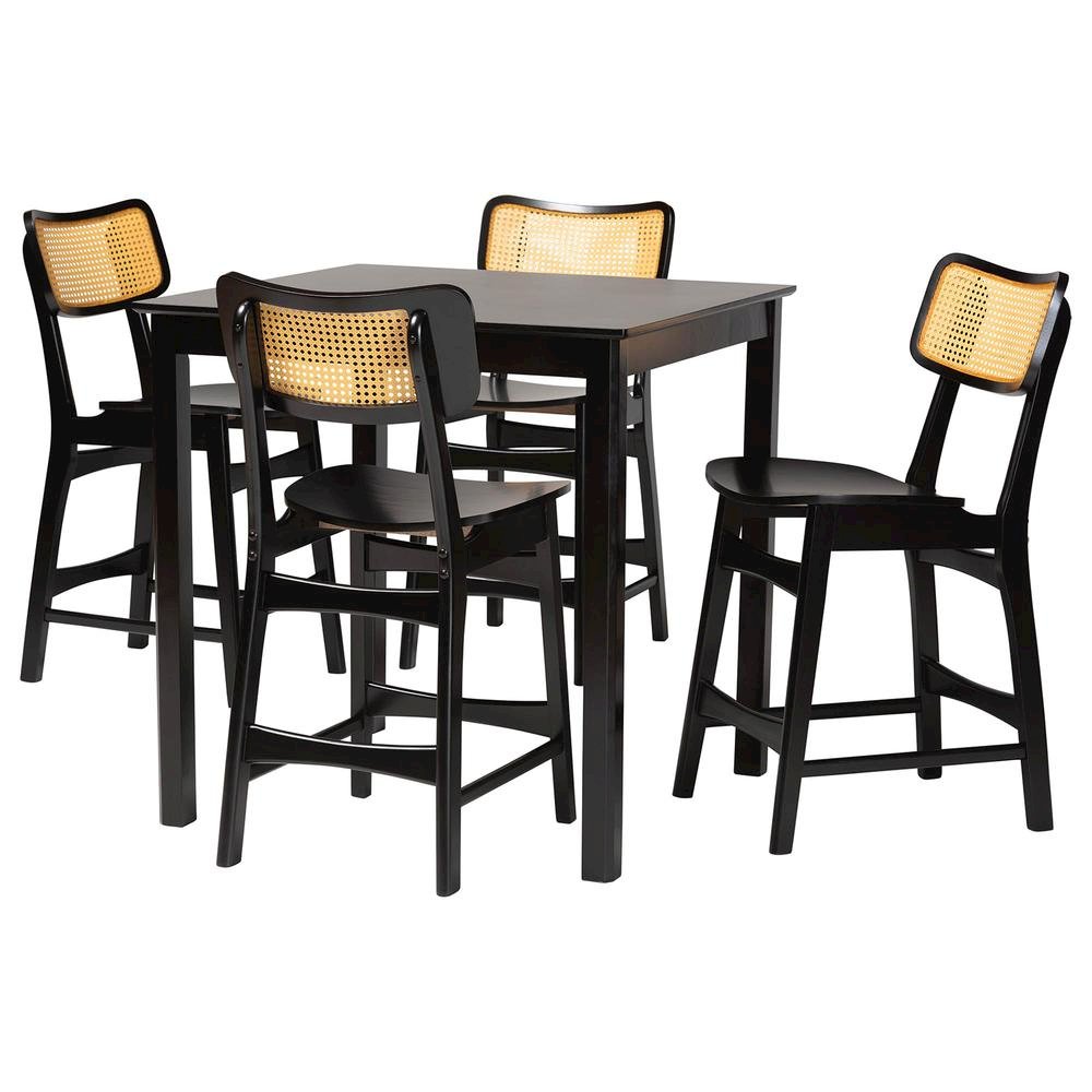 Tafari Mid-Century Modern Dark Brown Finished Wood and Rattan Pub Set. Picture 11