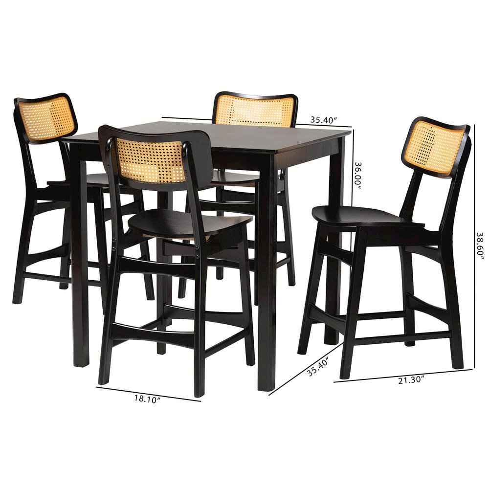 Tafari Mid-Century Modern Dark Brown Finished Wood and Rattan Pub Set. Picture 20
