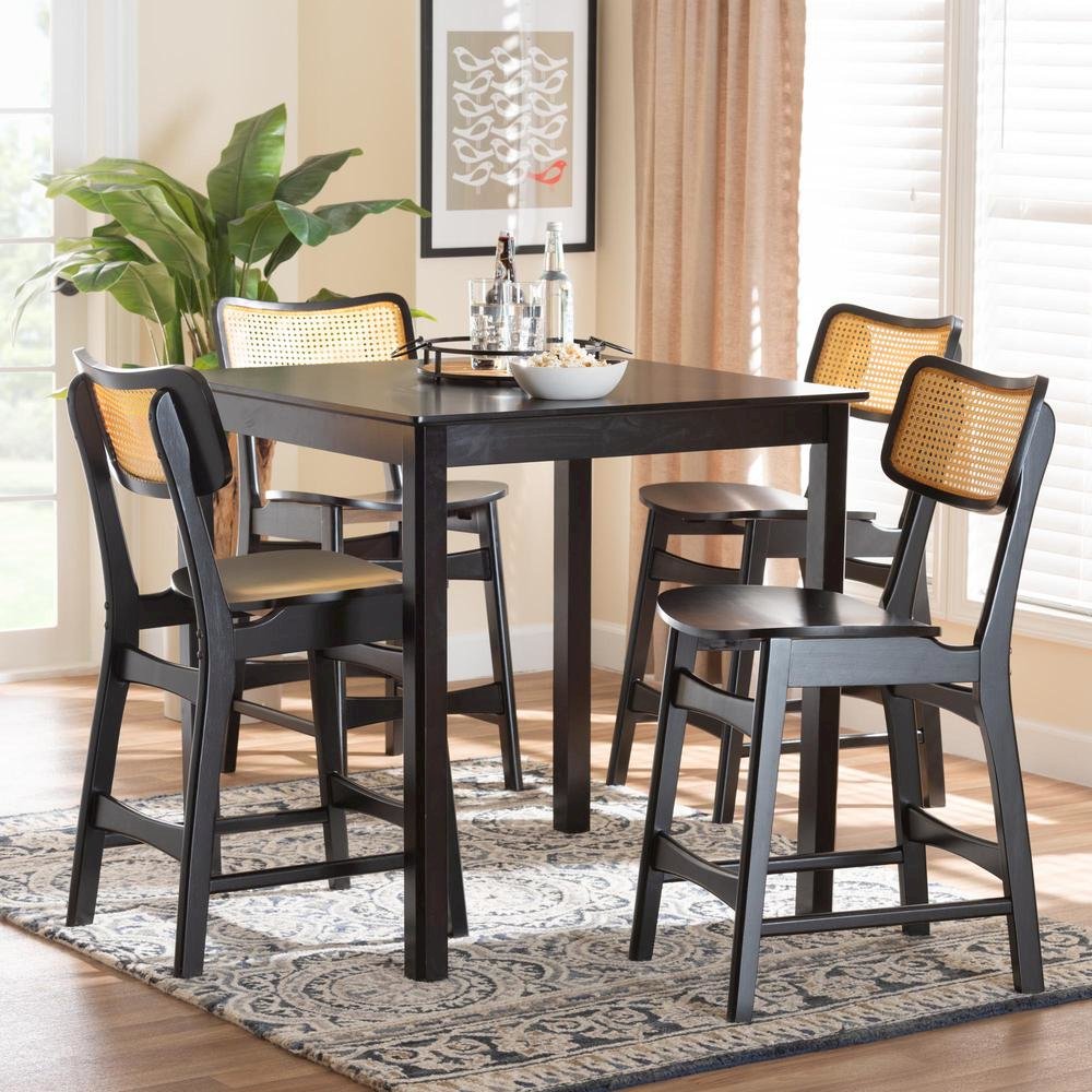 Tafari Mid-Century Modern Dark Brown Finished Wood and Rattan Pub Set. Picture 18