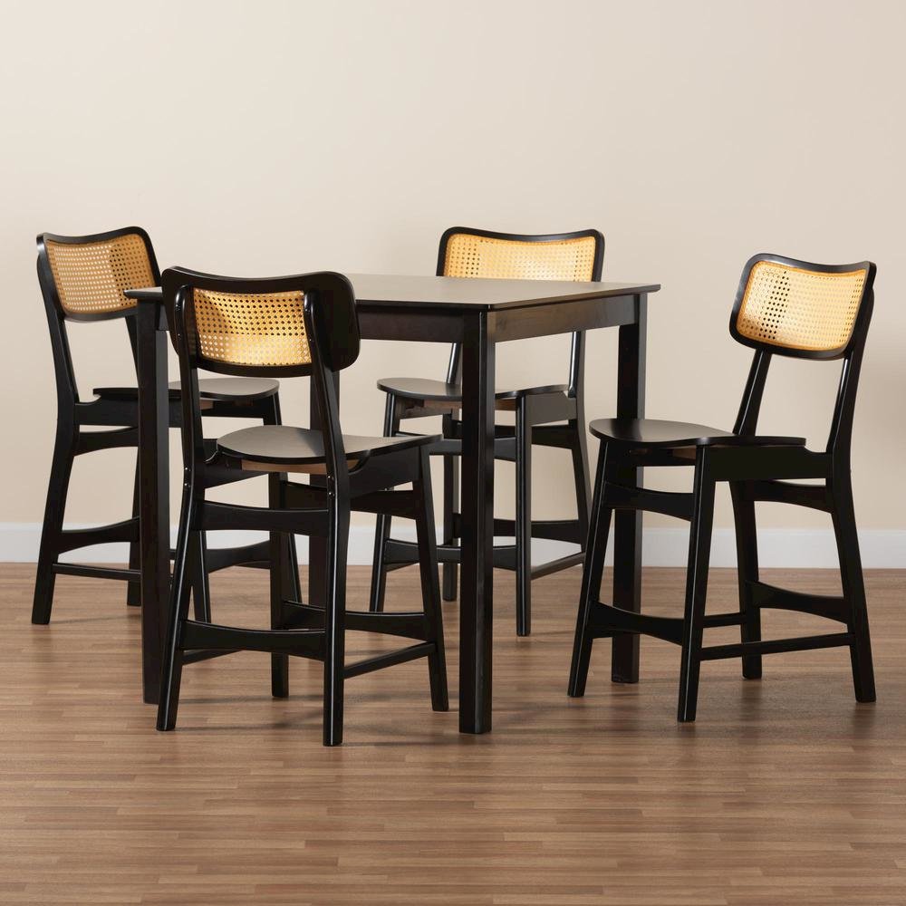 Tafari Mid-Century Modern Dark Brown Finished Wood and Rattan Pub Set. Picture 19