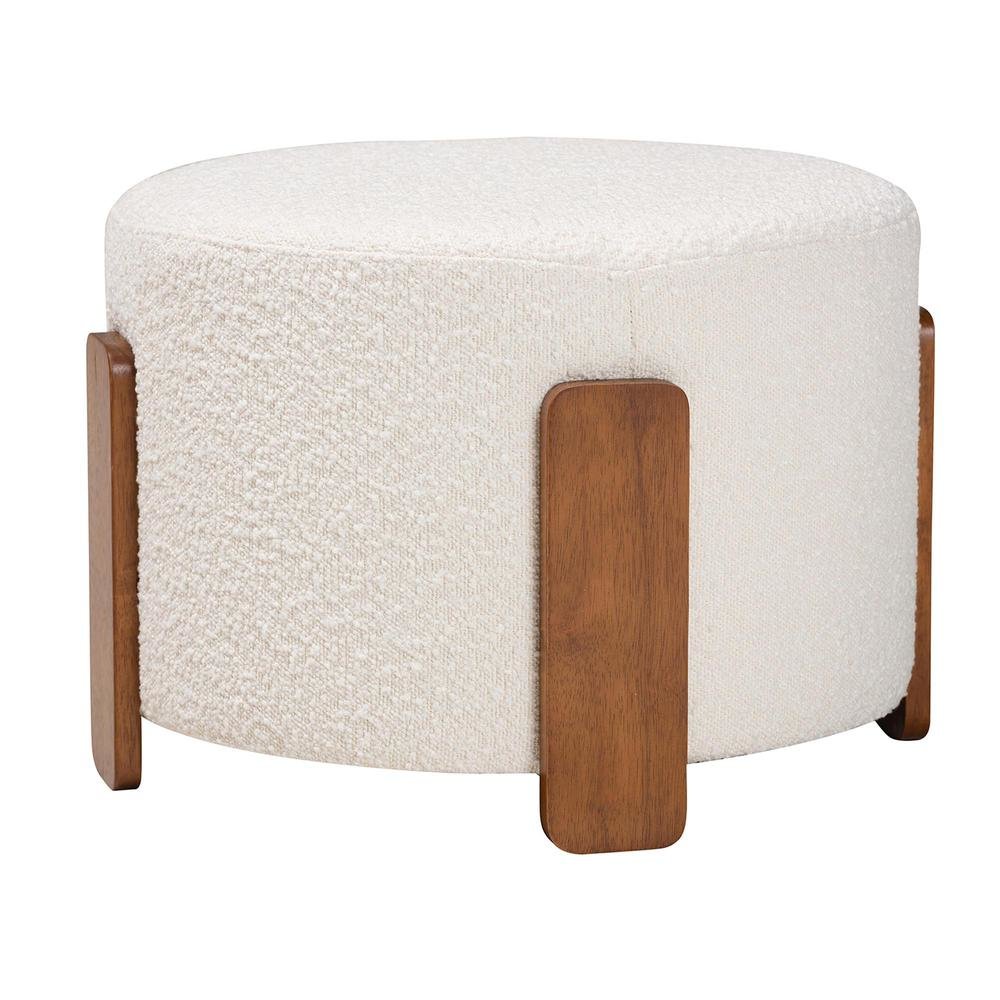 Japandi Cream Boucle Fabric and Walnut Brown Finished Wood Ottoman Footstool. Picture 8
