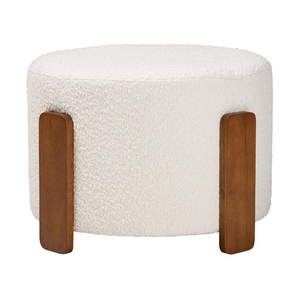 Japandi Cream Boucle Fabric and Walnut Brown Finished Wood Ottoman Footstool. Picture 9