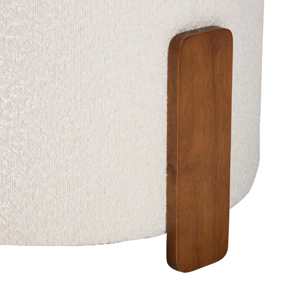 Japandi Cream Boucle Fabric and Walnut Brown Finished Wood Ottoman Footstool. Picture 10