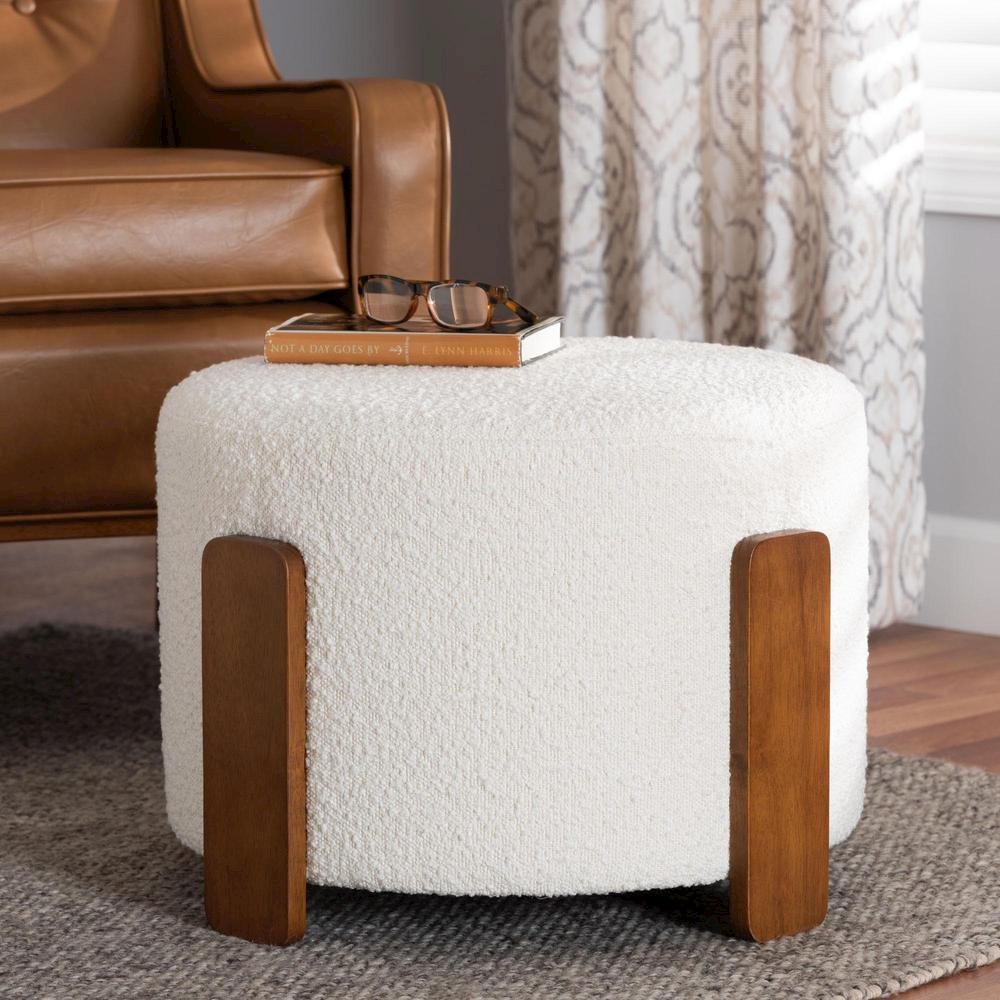 Japandi Cream Boucle Fabric and Walnut Brown Finished Wood Ottoman Footstool. Picture 12