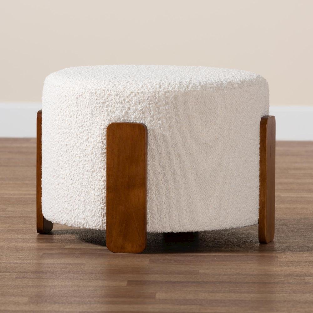 Japandi Cream Boucle Fabric and Walnut Brown Finished Wood Ottoman Footstool. Picture 13